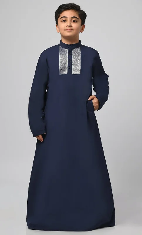 Modest Muslim Boys Embroidered Thread Detailing Thobe