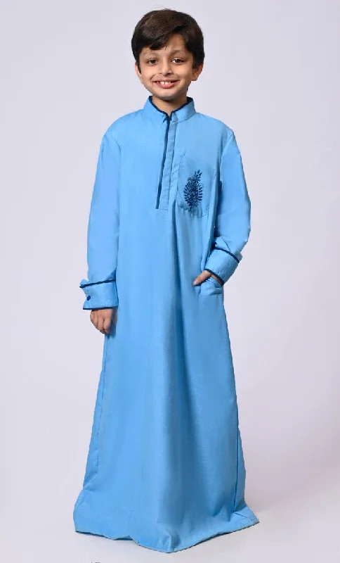 Elevated Elegance: Embroidered Boy's Blue Thobe with Contrast Accents