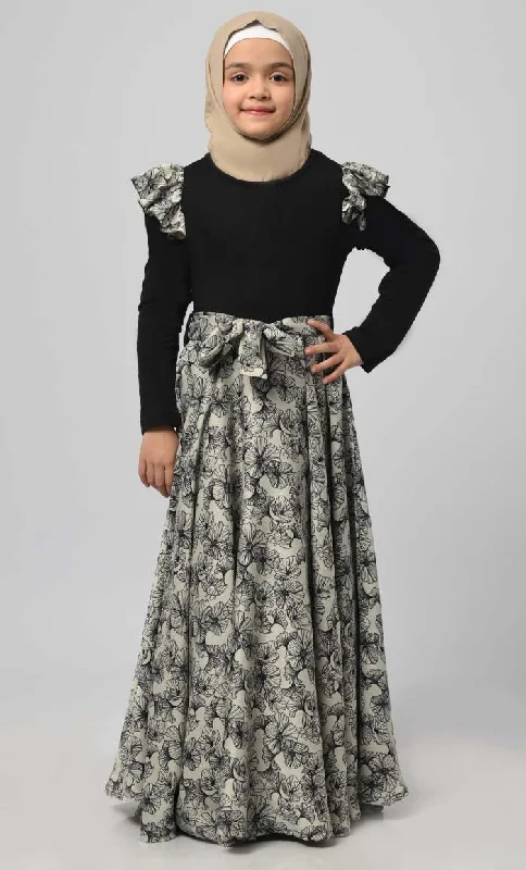 Girl Modest Muslim Floral Printed Abaya With Loose Belt