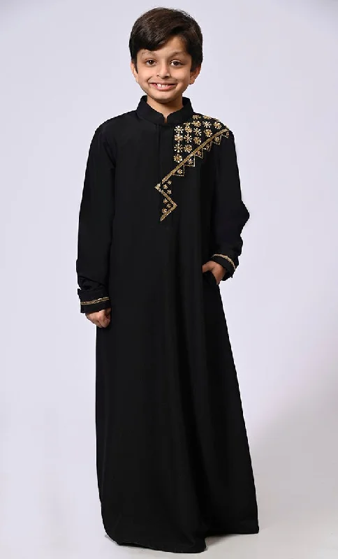 Handcrafted Elegance: Traditional Boy's Black Thobe with Intricate Details