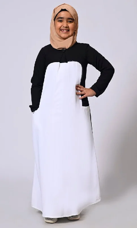 Girl's White Abaya with Inverted Box Pleat and Contrasting Yoke Panel