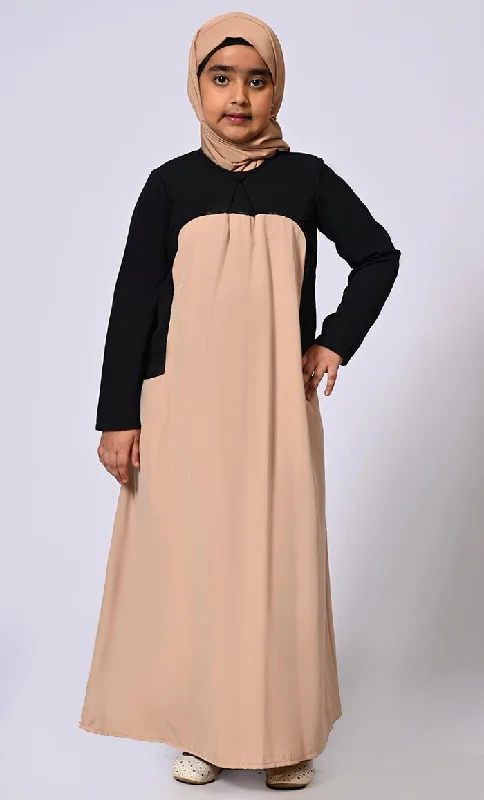 Girl's Sand Abaya with Inverted Box Pleat and Contrasting Yoke Panel