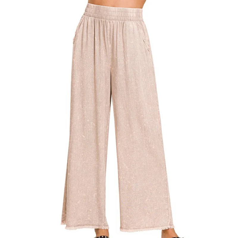 Classic Color Crushing It Washed Frayed Hem Linen Pants Ash Mocha