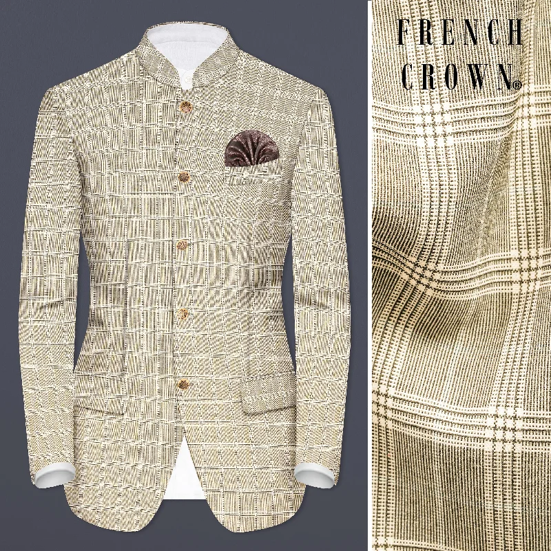 Floral Prints Eagle Cream Plaid Wool Rich Bandhgala Blazer