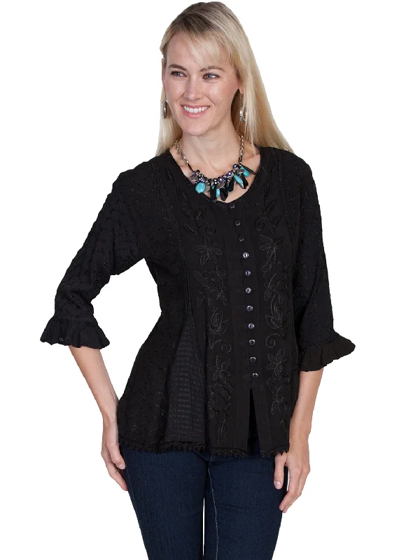 Urban Chic Scully Honey Creek Womens Black 100% Rayon 3/4 Sleeve Fabric Blouse