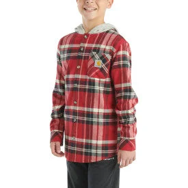 Elegant Fit Youth Boys Long Sleeve Flannel Button Front Hooded Shirt - Chili Pepper