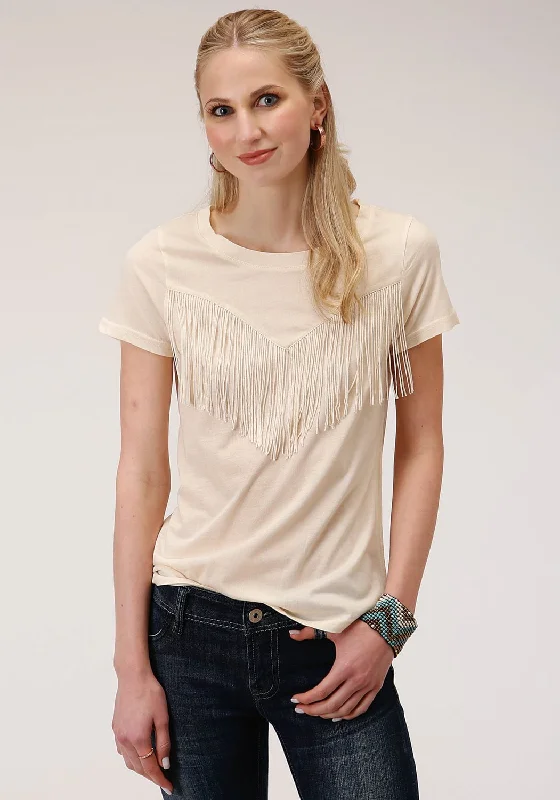 Relaxed Fashion Roper Womens Ivory Poly/Rayon Western Fringe S/S T-Shirt XS