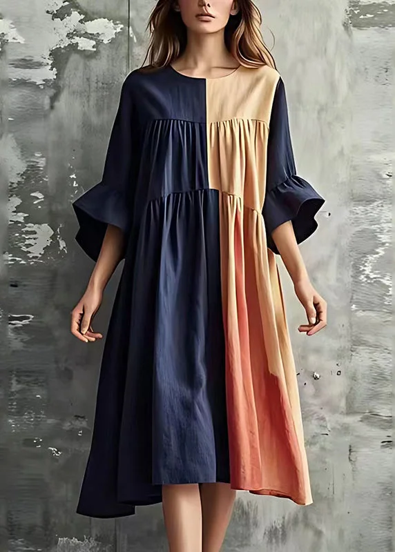 Plus Size Navy Patchwork Wrinkled Cotton Long Dresses Flare Sleeve