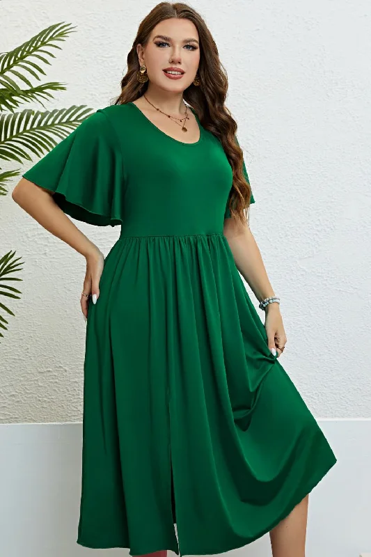 Ivy Flutter Sleeve Round Neck Summer Midi Dress in Forest Green | Plus Size