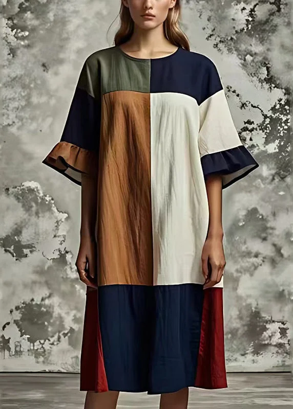 Beautiful Colorblock Oversized Patchwork Cotton Dresses Flare Sleeve