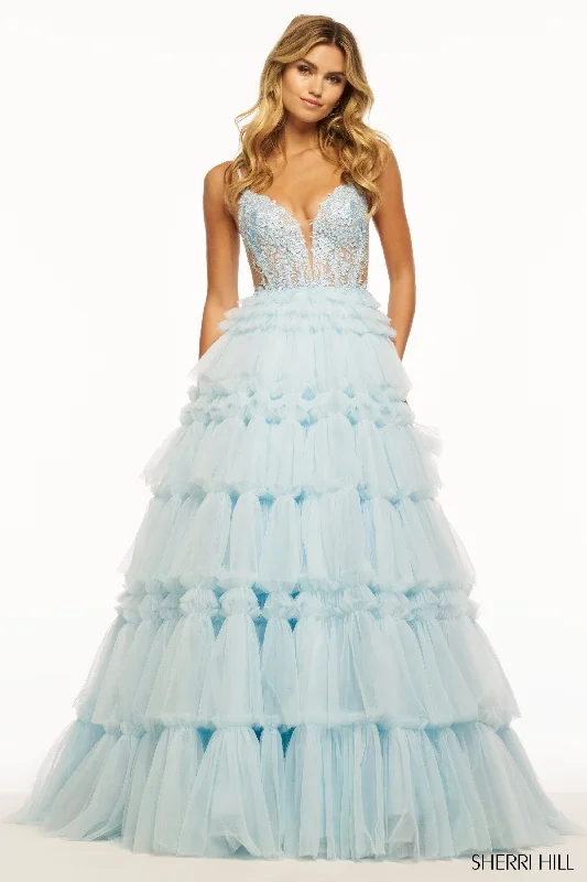 Soft Casuals Sherri Hill 56102 Plunging Neckline Ball Gowns Tulle Lace Evening Gown
