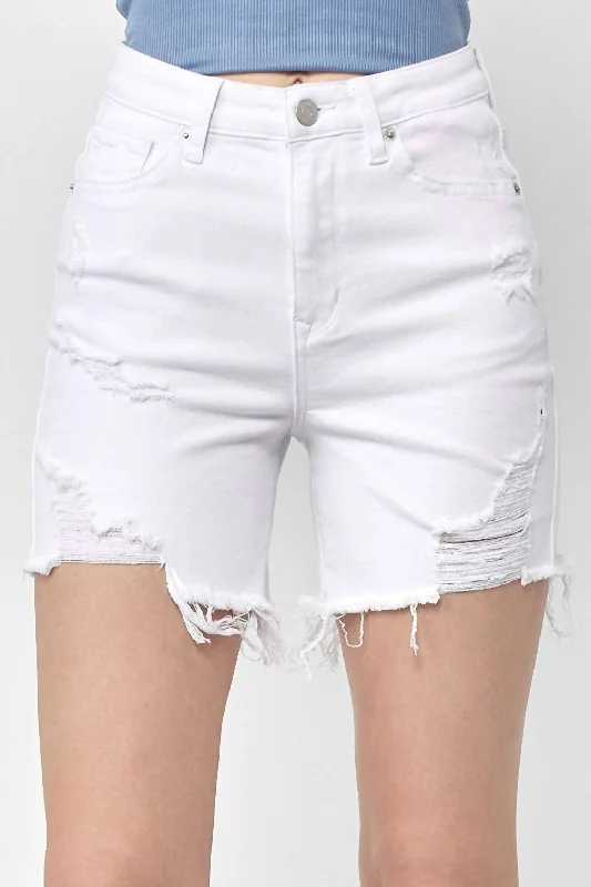 High Rise Distressed Mid Thigh Shorts In White